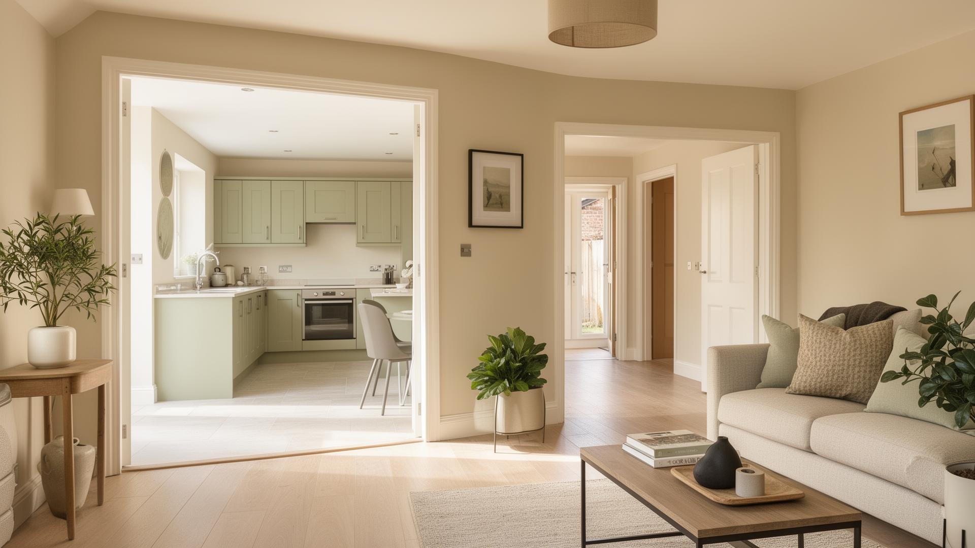 Bright, accessible UK home interior with level-access kitchen and open-plan living