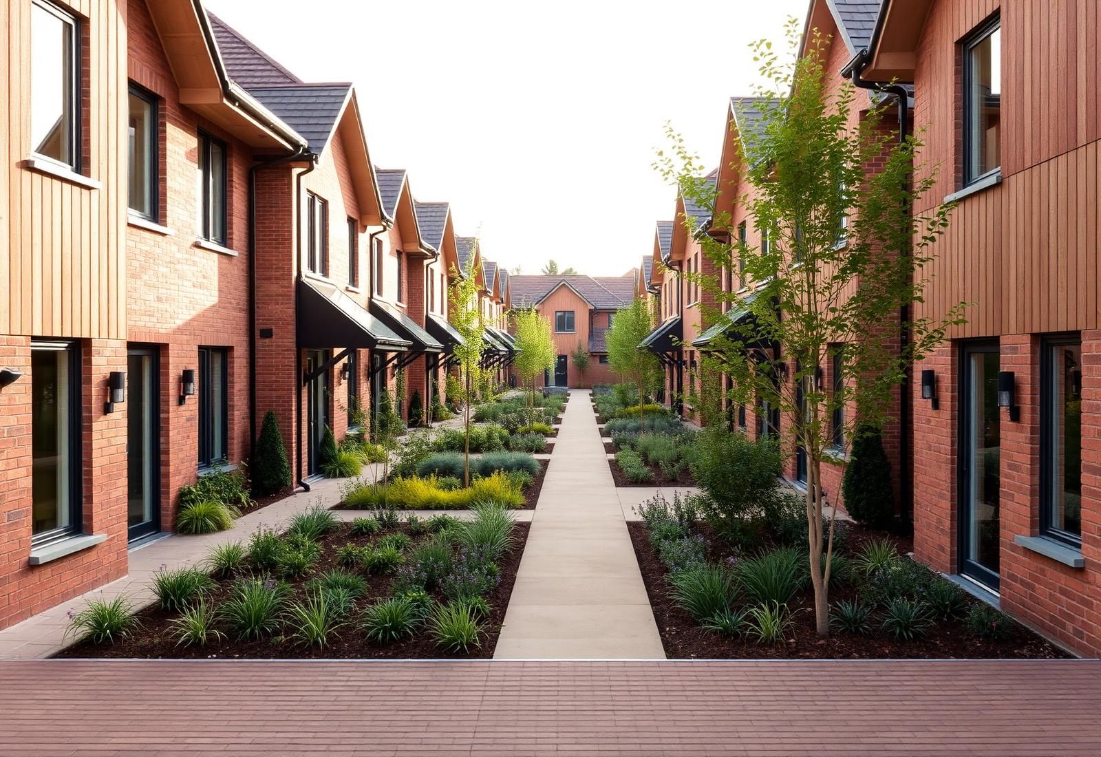 Sustainable modern UK housing development with green landscaping